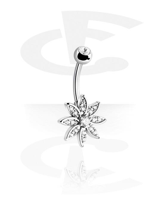 Curved Barbells, Belly button ring (surgical steel, silver, shiny finish) with flower attachment and crystal stones, Surgical Steel 316L