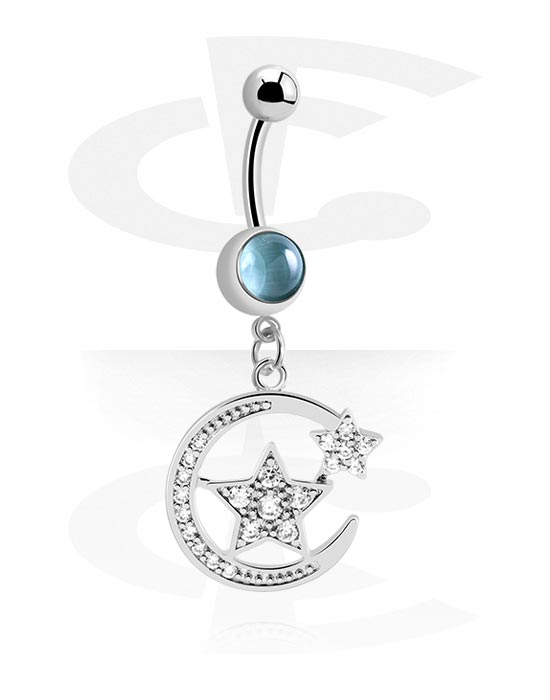 Curved Barbells, Belly button ring (surgical steel, silver, shiny finish) with star charm and crystal stones, Surgical Steel 316L
