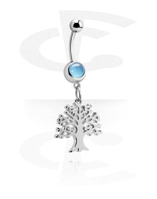 Curved Barbells, Belly button ring (surgical steel, silver, shiny finish) with tree charm, Surgical Steel 316L