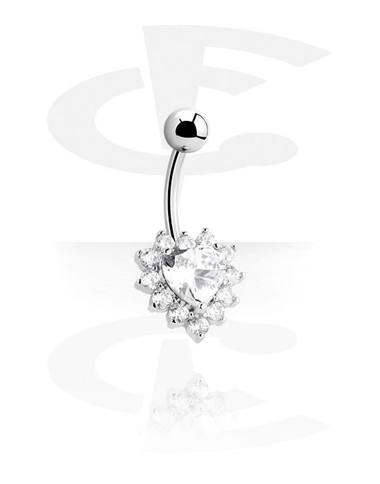 Curved Barbells, Belly button ring (surgical steel, silver, shiny finish) with heart design and crystal stones, Surgical Steel 316L