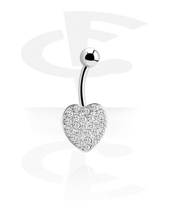 Zahnuté činky, Kroužek do pupíku (chirurgická ocel, stříbrná, lesklý povrch) s designem srdce a krystalovými kamínky, Chirurgická ocel 316L