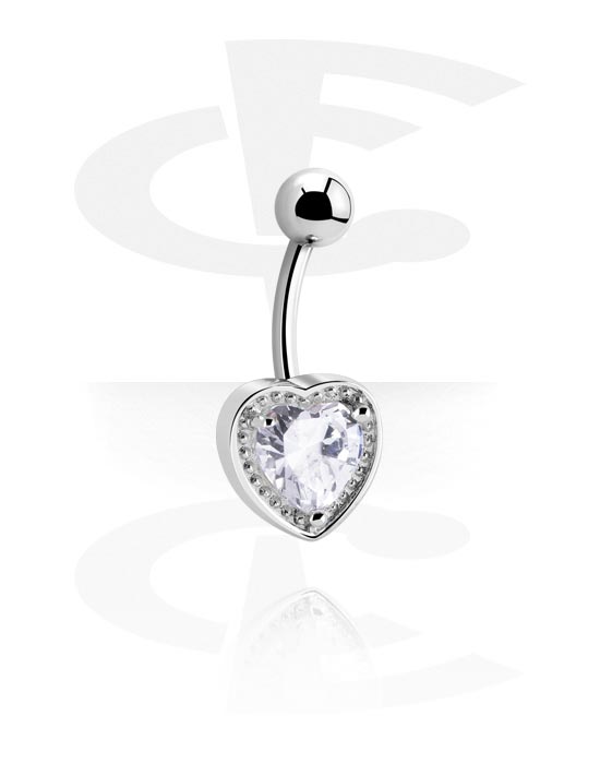 Zaobljene šipkice, Prsten za pupak (kirurški čelik, srebrna, sjajna završna obrada) s dizajnom srca i kristalnim kamenom, Kirurški čelik 316L