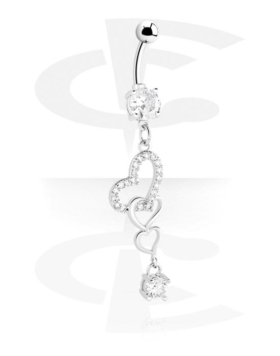 Curved Barbells, Belly button ring (surgical steel, silver, shiny finish) with heart charm and crystal stones, Surgical Steel 316L