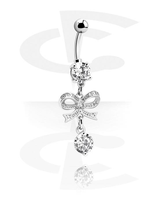 Curved Barbells, Belly button ring (surgical steel, silver, shiny finish) with bow design and crystal stones, Surgical Steel 316L