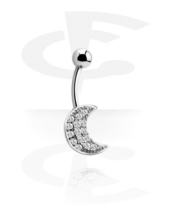 Curved Barbells, Belly button ring (surgical steel, silver, shiny finish) with moon design and crystal stones, Surgical Steel 316L