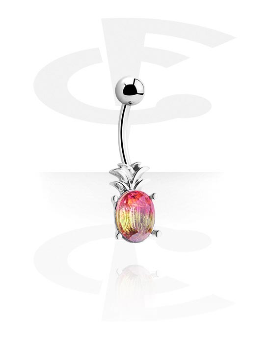 Curved Barbells, Belly button ring (surgical steel, silver, shiny finish) with pineapple design and crystal stone, Surgical Steel 316L