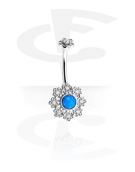 Curved Barbells, Belly button ring (surgical steel, silver, shiny finish) with flower design and crystal stones, Surgical Steel 316L