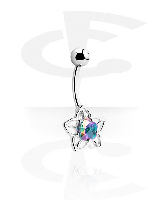 Curved Barbells, Belly button ring (surgical steel, silver, shiny finish) with flower attachment, Surgical Steel 316L