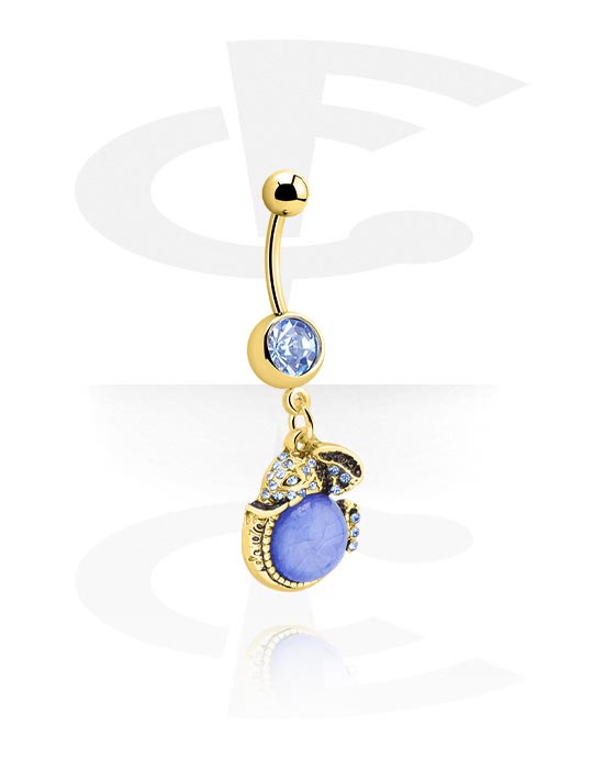 Curved Barbells, Belly button ring (surgical steel, gold, shiny finish) with crystal stone and charm, Gold Plated Surgical Steel 316L