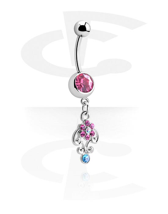 Curved Barbells, Belly button ring (surgical steel, silver, shiny finish) with flower charm and crystal stones, Surgical Steel 316L