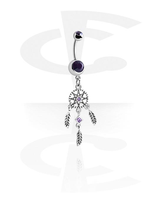 Curved Barbells, Belly button ring (surgical steel, silver, shiny finish) with dreamcatcher charm and crystal stones, Surgical Steel 316L