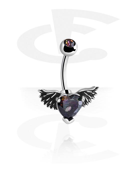 Curved Barbells, Belly button ring (surgical steel, silver, shiny finish) with wing design and crystal stones, Surgical Steel 316L