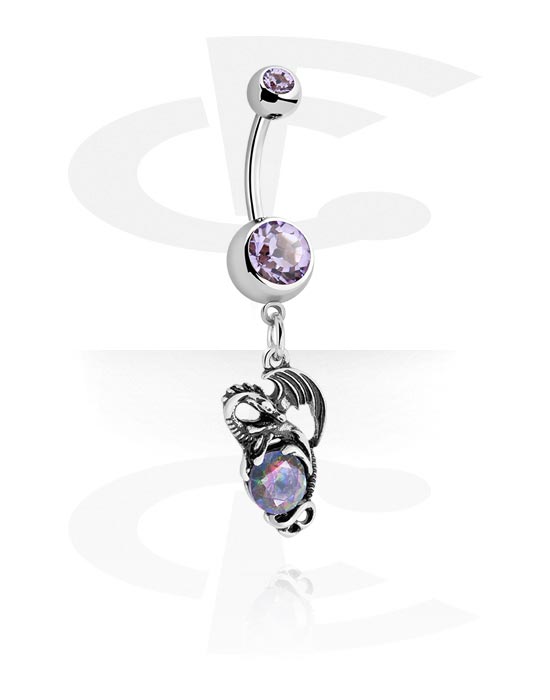 Curved Barbells, Belly button ring (surgical steel, silver, shiny finish) with dragon design and crystal stones, Surgical Steel 316L