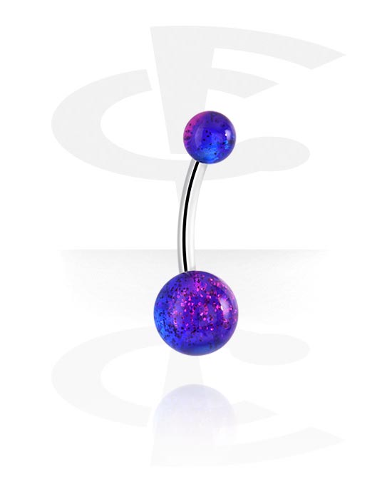 Curved Barbells, Belly button ring (surgical steel, silver, shiny finish) with acrylic balls and glitter, Surgical Steel 316L, Acrylic