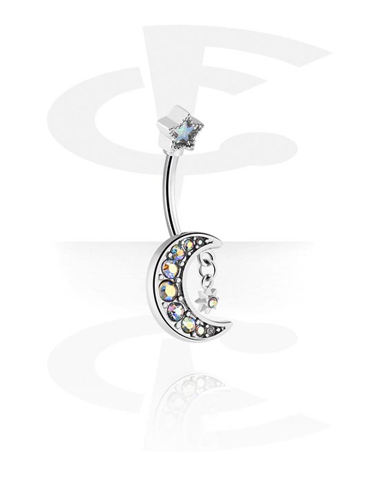Curved Barbells, Belly button ring (surgical steel, silver, shiny finish) with moon design and crystal stones, Surgical Steel 316L, Plated Brass