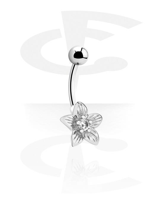 Zahnuté činky, Kroužek do pupíku (chirurgická ocel, stříbrná, lesklý povrch) s designem květina a krystalovými kamínky, Chirurgická ocel 316L, Pokovená mosaz