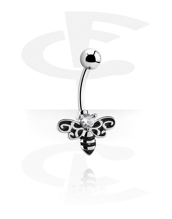Curved Barbells, Belly button ring (surgical steel, silver, shiny finish) with bee design and crystal stone, Surgical Steel 316L, Plated Brass