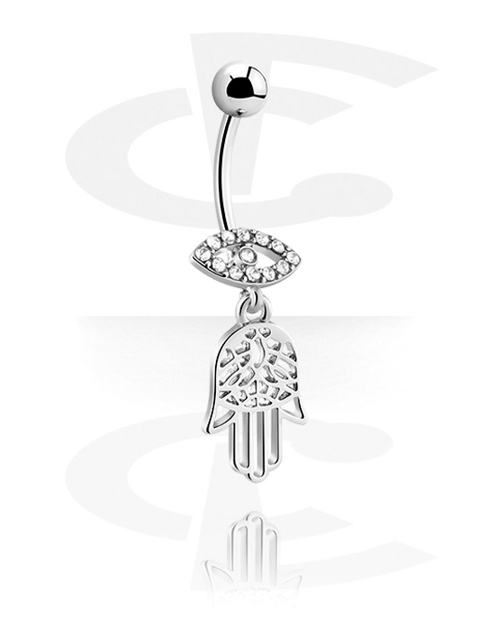 Curved Barbells, Belly button ring (surgical steel, silver, shiny finish) with "Hand of Fatima" charm and crystal stones, Surgical Steel 316L, Plated Brass