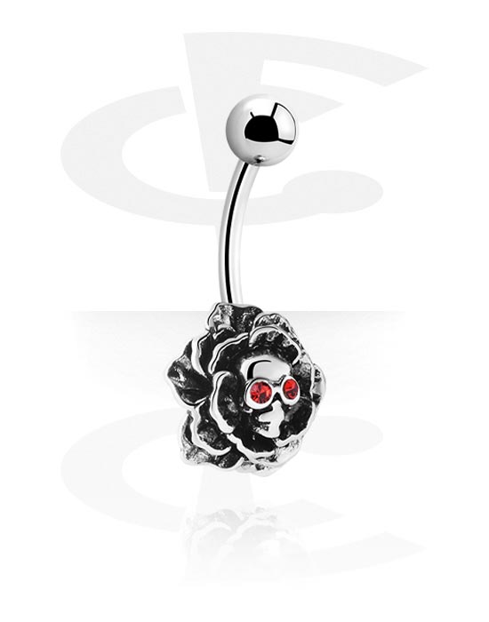 Ívelt barbellek, Belly button ring (surgical steel, silver, shiny finish) val vel rózsa dizájn és Kristálykövek, Sebészeti acél, 316L, Bevonatos sárgaréz