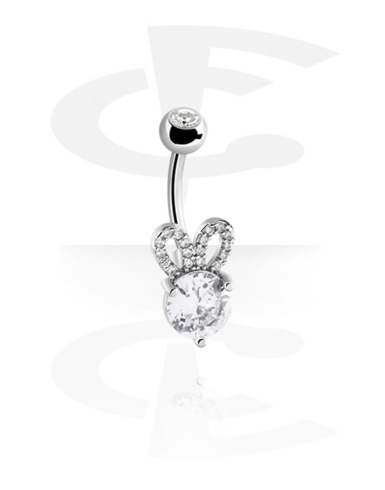 Curved Barbells, Belly button ring (surgical steel, silver, shiny finish) with cute bunny design and crystal stones, Surgical Steel 316L, Plated Brass