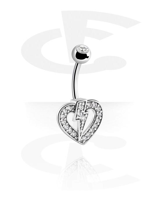 Zaobljene šipkice, Prsten za pupak (kirurški čelik, srebrna, sjajna završna obrada) s dizajnom srca i kristalnim kamenjem, Kirurški čelik 316L, Obloženi mesing