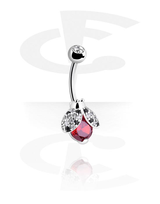 Curved Barbells, Belly button ring (surgical steel, silver, shiny finish) with ladybug design and crystal stones, Surgical Steel 316L, Plated Brass