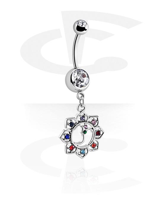 Curved Barbells, Belly button ring (surgical steel, silver, shiny finish) with crystal stones, Surgical Steel 316L, Plated Brass