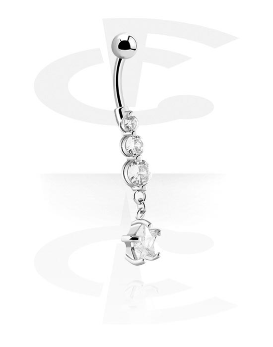Curved Barbells, Belly button ring (surgical steel, silver, shiny finish) with star design and crystal stones, Surgical Steel 316L, Plated Brass
