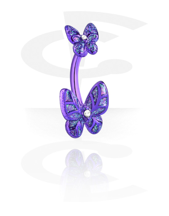 Zaobljene šipkice, Prsten za pupak (kirurški čelik, eloksiran) s dizajnom leptira, Kirurški čelik 316L, Obloženi mesing