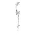 Curved Barbells, Belly button ring (surgical steel, silver, shiny finish) with Crystal Star and chain, Surgical Steel 316L, Plated Brass
