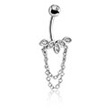 Curved Barbells, Belly button ring (surgical steel, silver, shiny finish) with crystal stones and chain, Surgical Steel 316L, Plated Brass