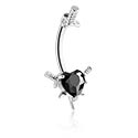 Curved Barbells, Belly button ring (surgical steel, silver, shiny finish) with sword design and crystal heart, Surgical Steel 316L ,  Plated Brass
