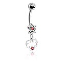 Curved Barbells, Belly button ring (surgical steel, silver, shiny finish) with rose design and heart charm, Surgical Steel 316L ,  Plated Brass