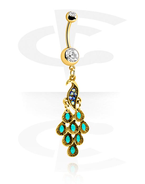 Curved Barbells, Belly button ring (surgical steel, gold, shiny finish) with peacock design and crystal stones, Gold Plated Surgical Steel 316L