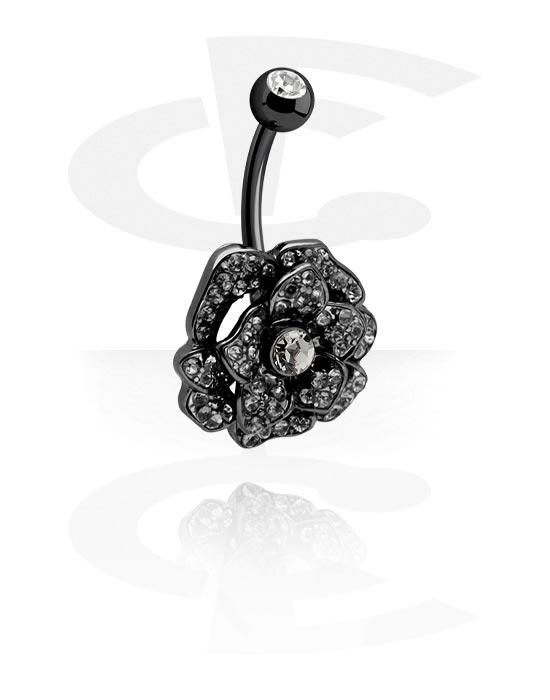 Zahnuté činky, Krúžok do pupku (chirurgická oceľ, čierna, lesklý povrch) s dizajnom kvetina a kryštálové kamene, Chirurgická oceľ 316L