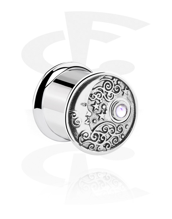 Tunnels & Plugs, Double flared tunnel (surgical steel, silver, shiny finish) with moon design, Surgical Steel 316L