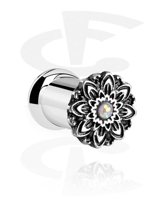 Tunnels & Plugs, Double flared tunnel (surgical steel, silver, shiny finish) with vintage flower design, Surgical Steel 316L