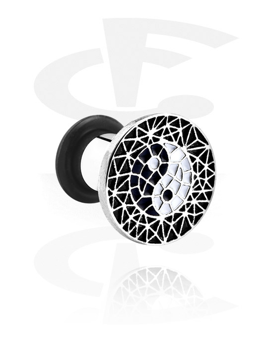 Tunnels & Plugs, Single flared tunnel (surgical steel, silver, shiny finish) with Yin-Yang design and O-ring, Surgical Steel 316L