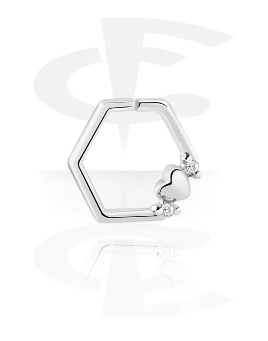 Anéis piercing, Continuous ring quadrado (aço cirúrgico, prata, acabamento brilhante) com acessório coração e pedras de cristal, Aço cirúrgico 316L, Latão revestido