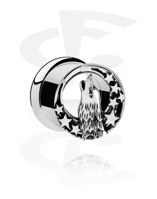 Tunnels & Plugs, Double flared tunnel (surgical steel, silver, shiny finish) with wolf design, Surgical Steel 316L