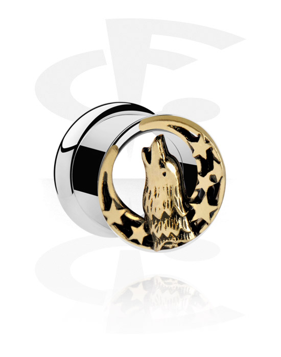 Tunnels & Plugs, Tunnel double flared (acier chirurgical, argent) avec motif loup, Acier chirurgical 316L
