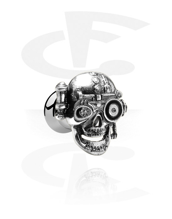 Tunnels & Plugs, Double flared tunnel (surgical steel, silver, shiny finish) with skull attachment, Surgical Steel 316L