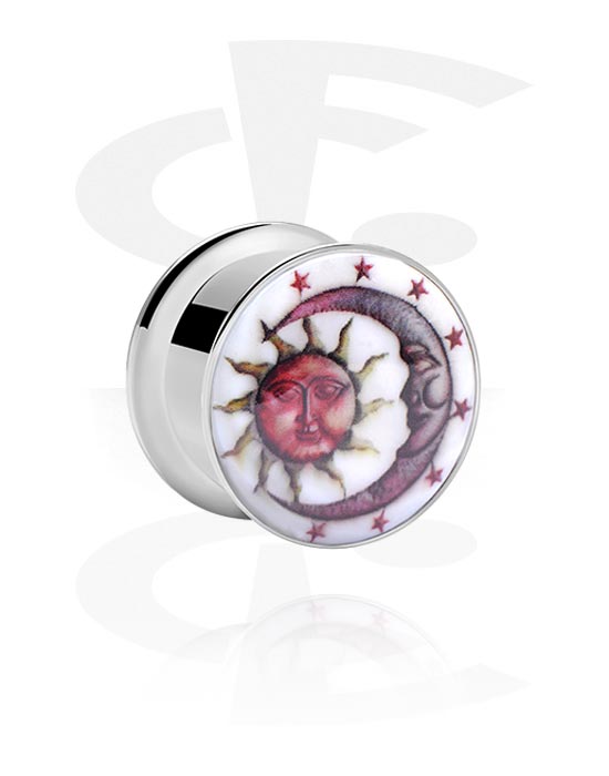 Tunnels & Plugs, Double flared tunnel (surgical steel, silver, shiny finish) with sun and moon design, Surgical Steel 316L
