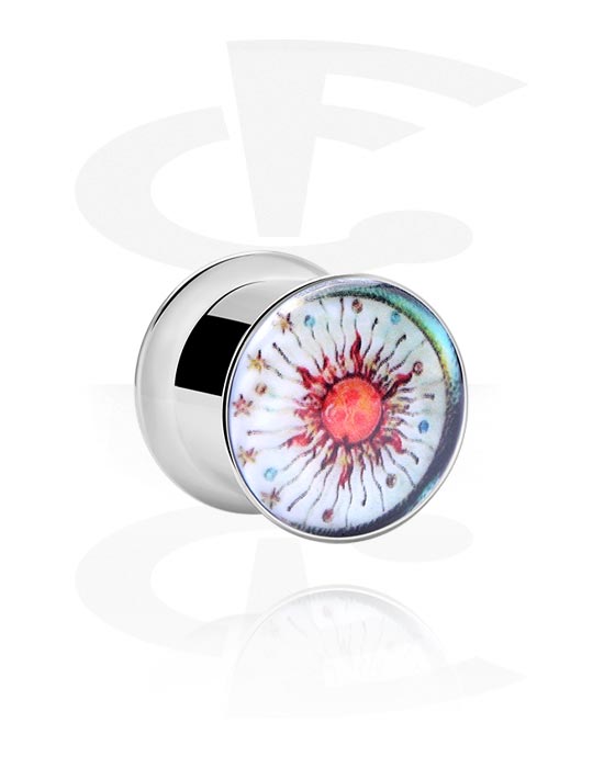 Tunnels & Plugs, Double flared tunnel (surgical steel, silver, shiny finish) with sun design, Surgical Steel 316L