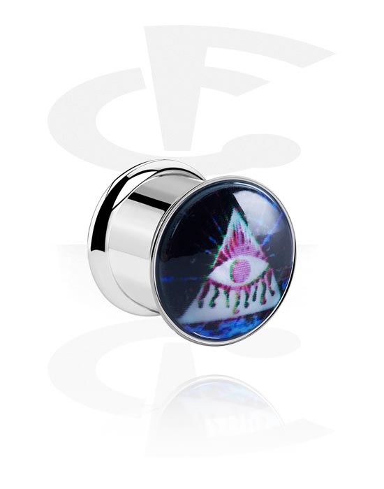 Tunnels & Plugs, Double flared tunnel (surgical steel, silver, shiny finish) with "Eye of Providence" design, Surgical Steel 316L