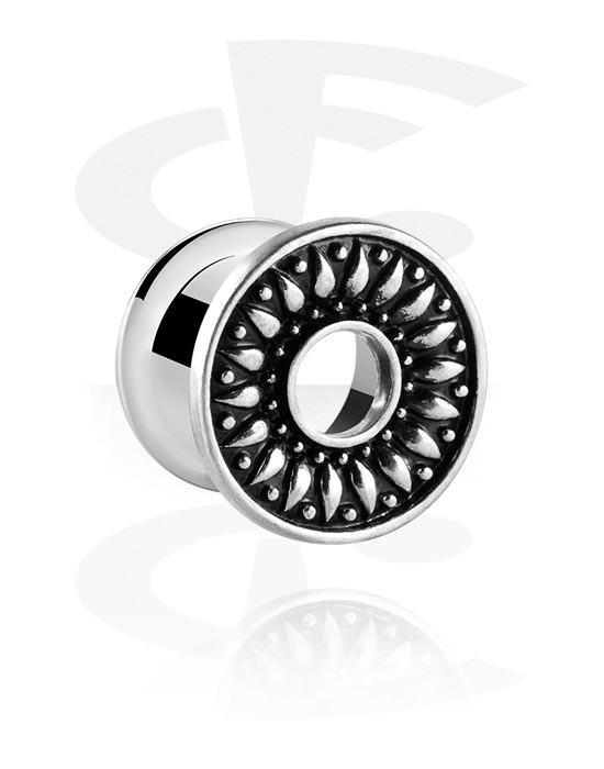 Tunnels & Plugs, Double flared tunnel (surgical steel, silver, shiny finish) with vintage design, Surgical Steel 316L