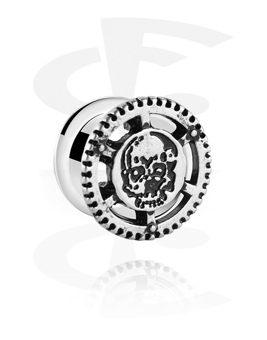 Tunnels & Plugs, Double flared tunnel (surgical steel, silver, shiny finish) with steampunk attachment and skull design, Surgical Steel 316L