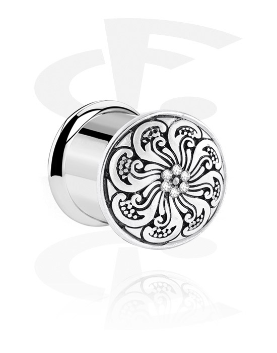 Tunnels & Plugs, Double flared tunnel (surgical steel, silver, shiny finish) with flower design and crystal stones, Surgical Steel 316L