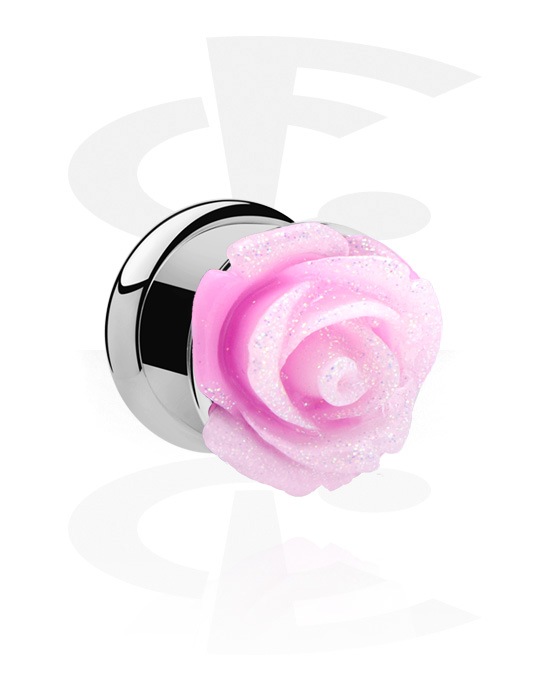 Tunnels & Plugs, Double flared tunnel (surgical steel, silver, shiny finish) with rose attachment and glitter, Surgical Steel 316L
