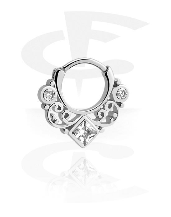 Anéis piercing, Multi-purpose clicker (aço cirúrgico, prata, acabamento brilhante) com design vintage e pedras de cristal, Aço cirúrgico 316L